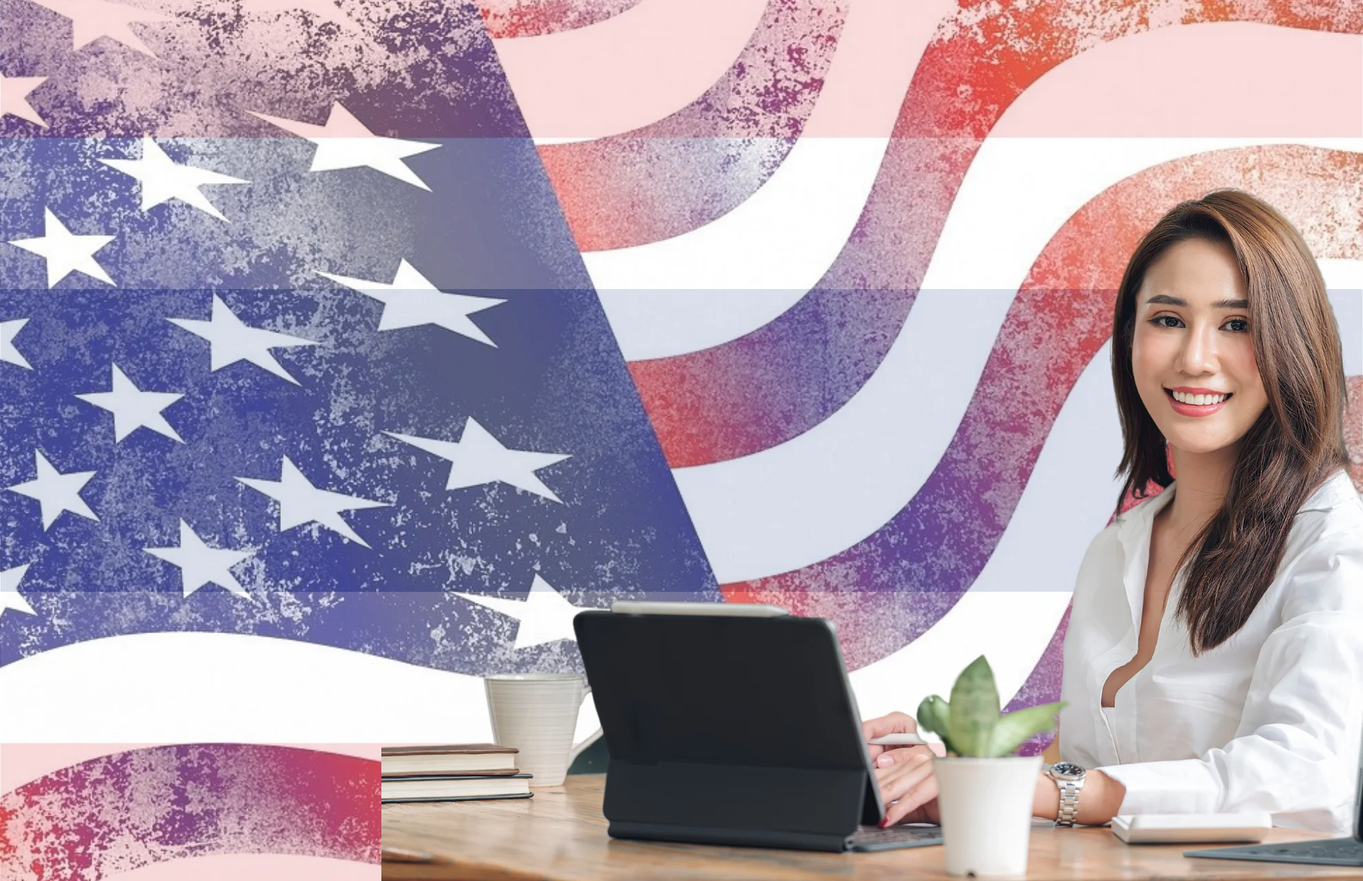 Professional reviewing tax treaty documents with US flag in background